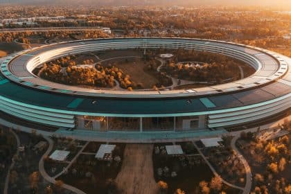 Apple Park headquarters aerial view at sunset.