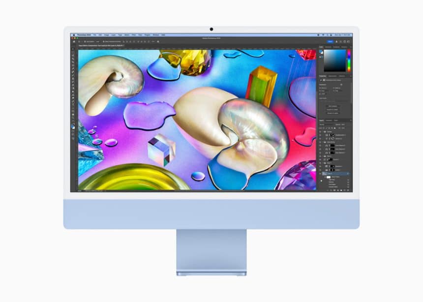 iMac displaying colourful graphics on the screen.