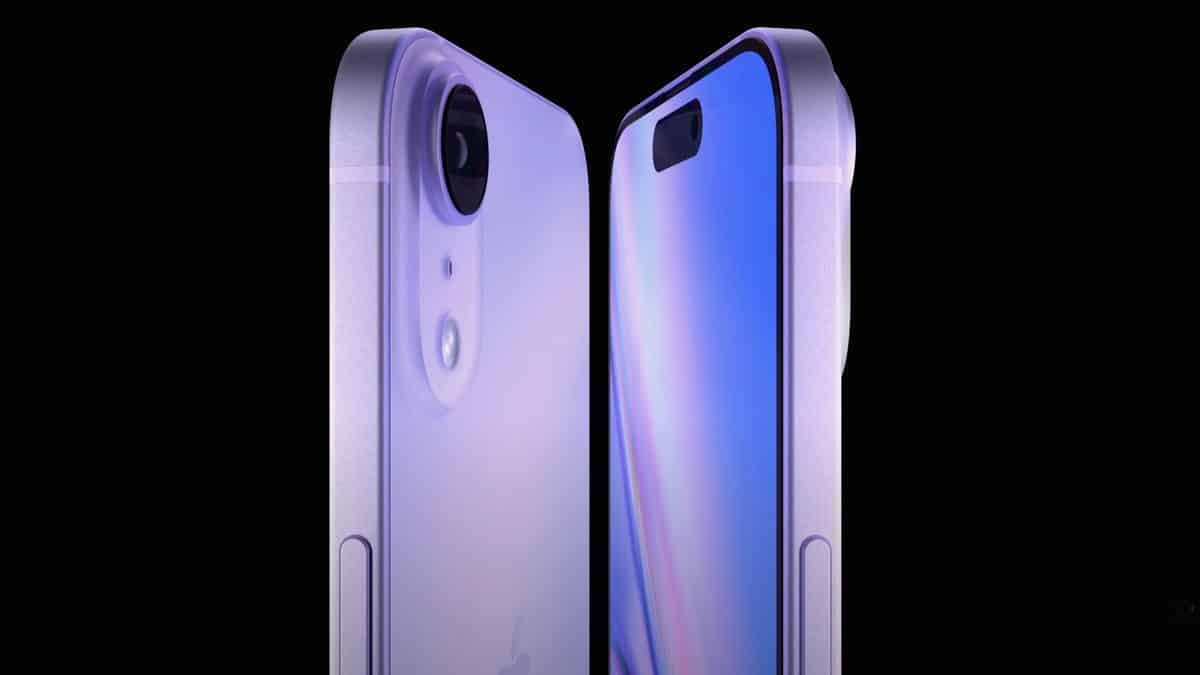 Two iPhones with purple finish, front and back view.