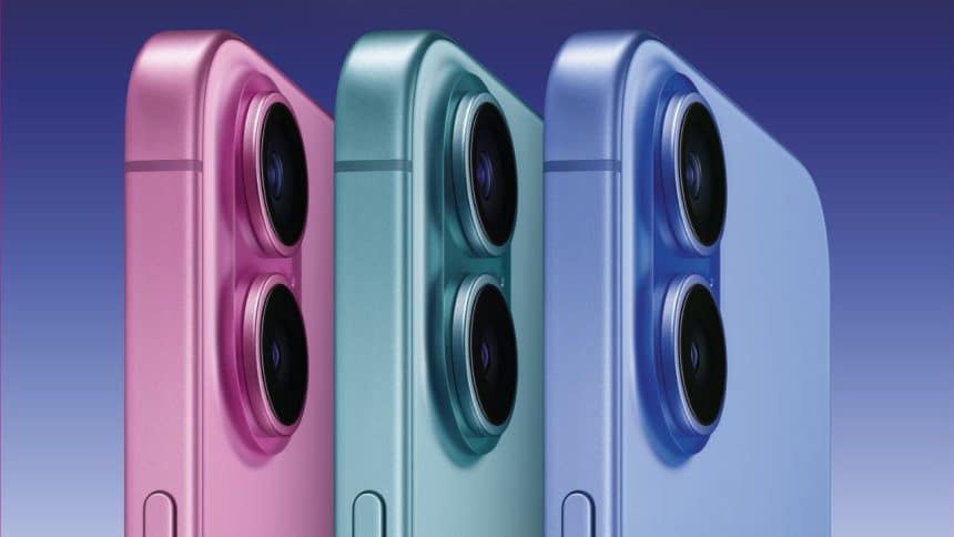 Three iPhone 16 models in three different colours with dual rear cameras.