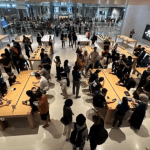 Crowd gathered inside an Apple store for iPhone launch.