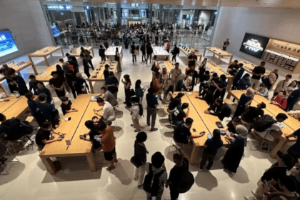 Crowd gathered inside an Apple store for iPhone launch.