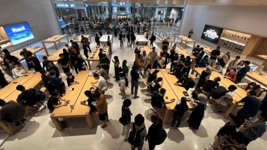 Crowd gathered inside an Apple store for iPhone launch.