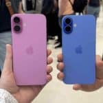 Two iPhone 16 models in pink and blue.