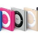 Colourful iPod shuffle models lined up.