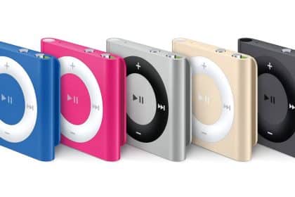 Colourful iPod shuffle models lined up.