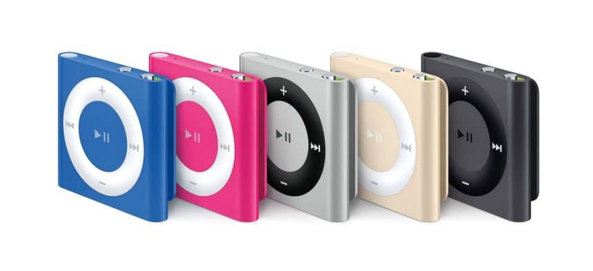 Colourful iPod shuffle models lined up.