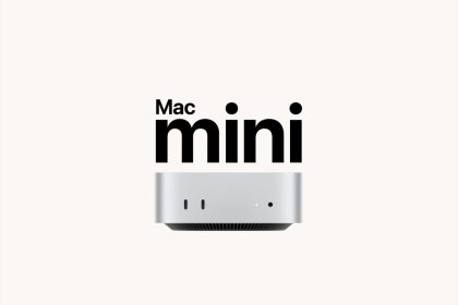 Front view of Mac mini with "Mac mini" text above it.