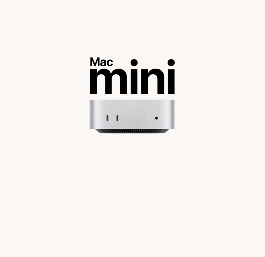 Front view of Mac mini with "Mac mini" text above it.