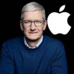 Tim Cook in front of the Apple logo.