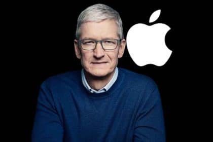 Tim Cook in front of the Apple logo.