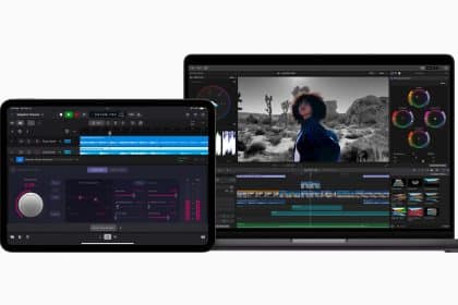 iPad and MacBook showing Final Cut Pro and Logic Pro interfaces.