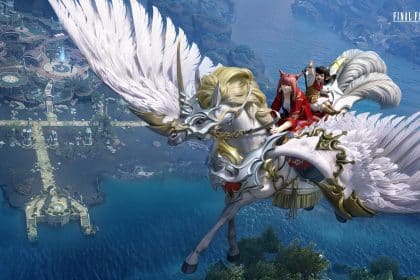 Two characters riding a winged horse above a scenic fantasy landscape with water and structures.