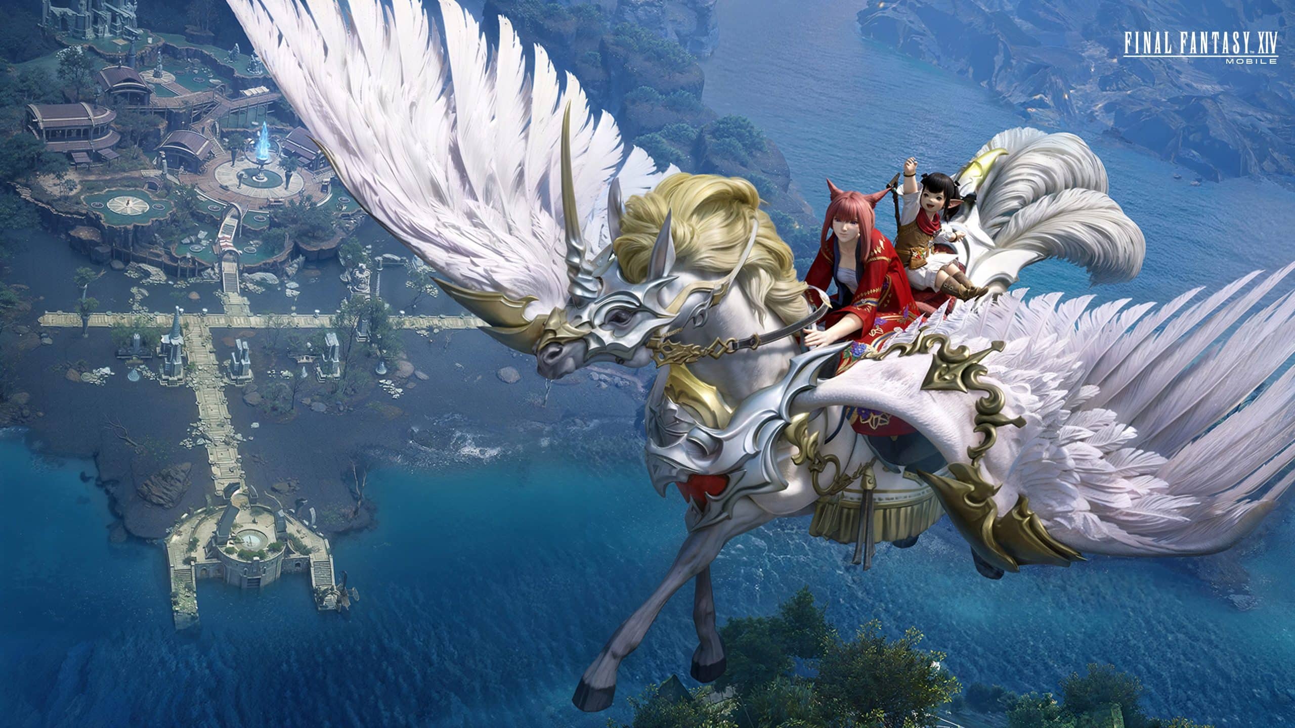 Two characters riding a winged horse above a scenic fantasy landscape with water and structures.