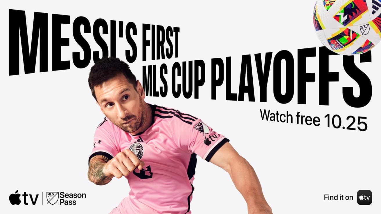 Lionel Messi in his pink Inter Miami CF jersey, promoting the MLS Cup Playoffs.