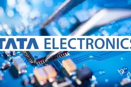 Tata Electronics logo with a circuit board background.