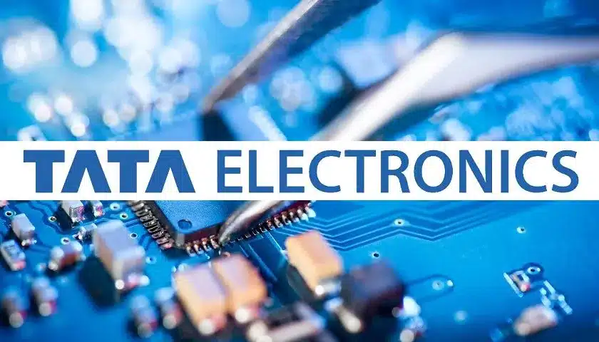 Tata Electronics logo with a circuit board background.