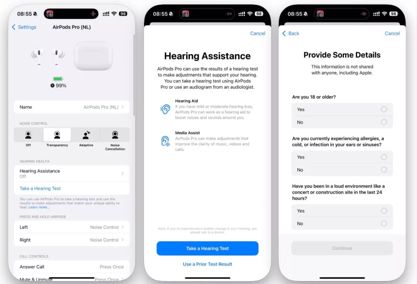 AirPods Pro hearing test interface on iPhone settings.