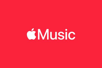 Apple Music logo on a red background.