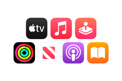 Icons representing Apple services like Apple TV, Music, Arcade, and more.