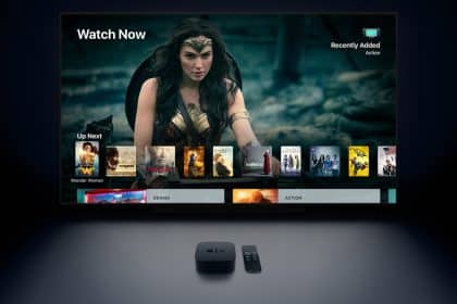 Apple TV interface displaying streaming options with a remote and TV box.