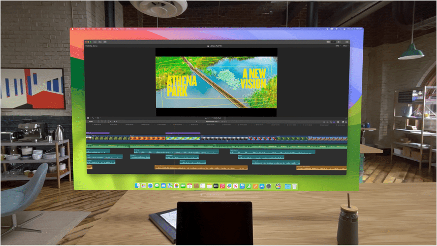 Apple Vision Pro displaying video editing in AR.