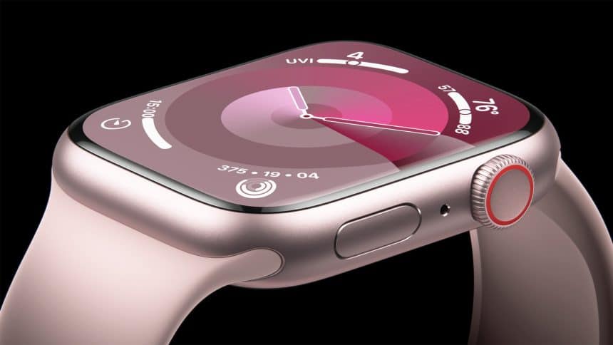 Close-up of Apple Watch with fitness tracking display.