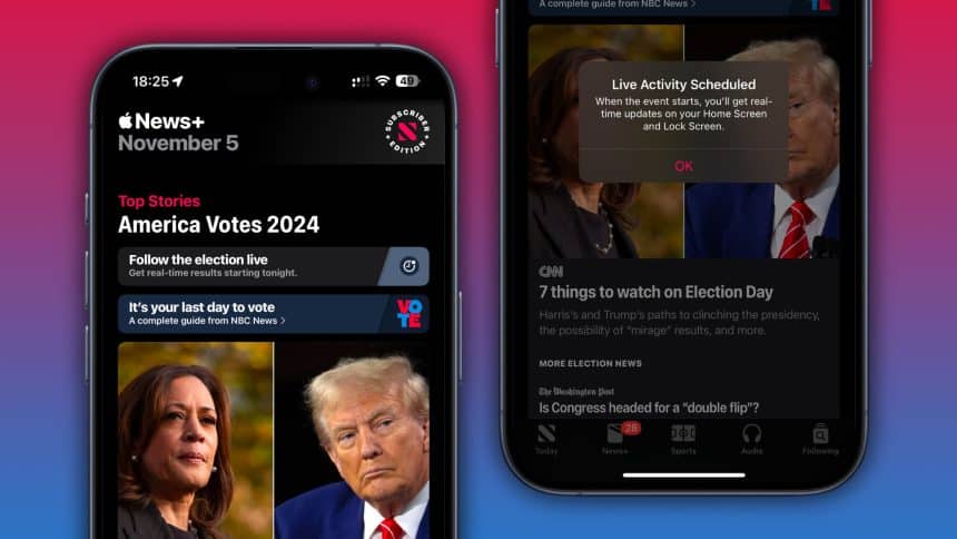 Apple News displaying live election tracking on iPhone screens.