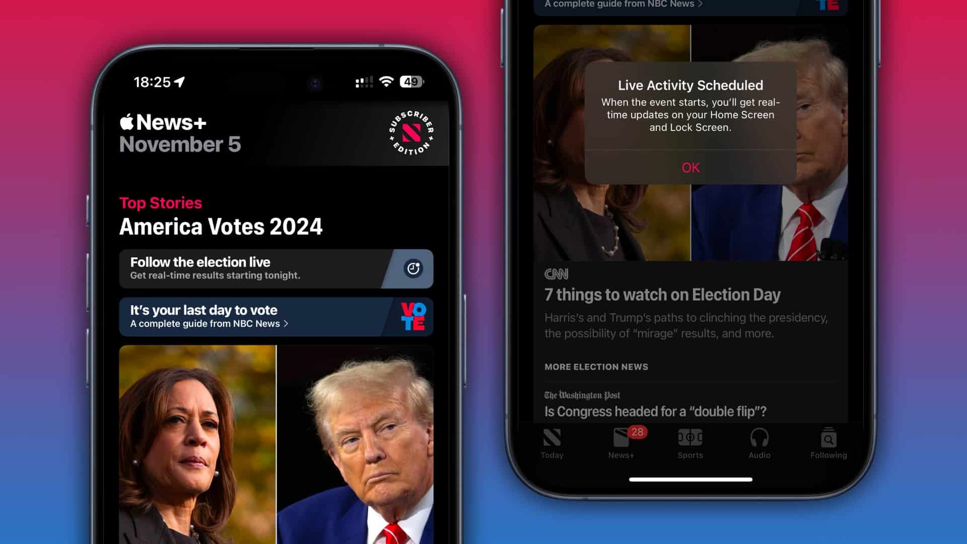 Apple News displaying live election tracking on iPhone screens.