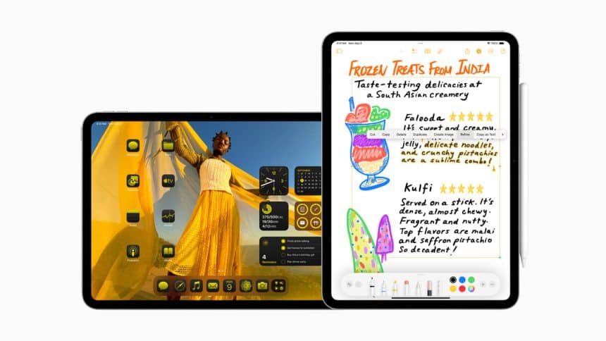 iPadOS interface showing notes and photos on iPad screen.