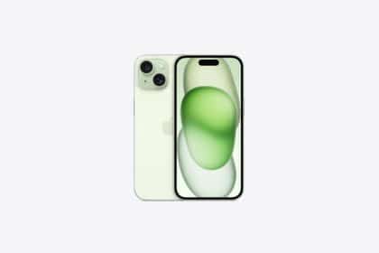 Green iPhone 15 front and back view.