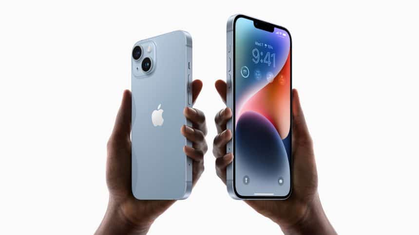 Hands holding an iPhone with front and back view.