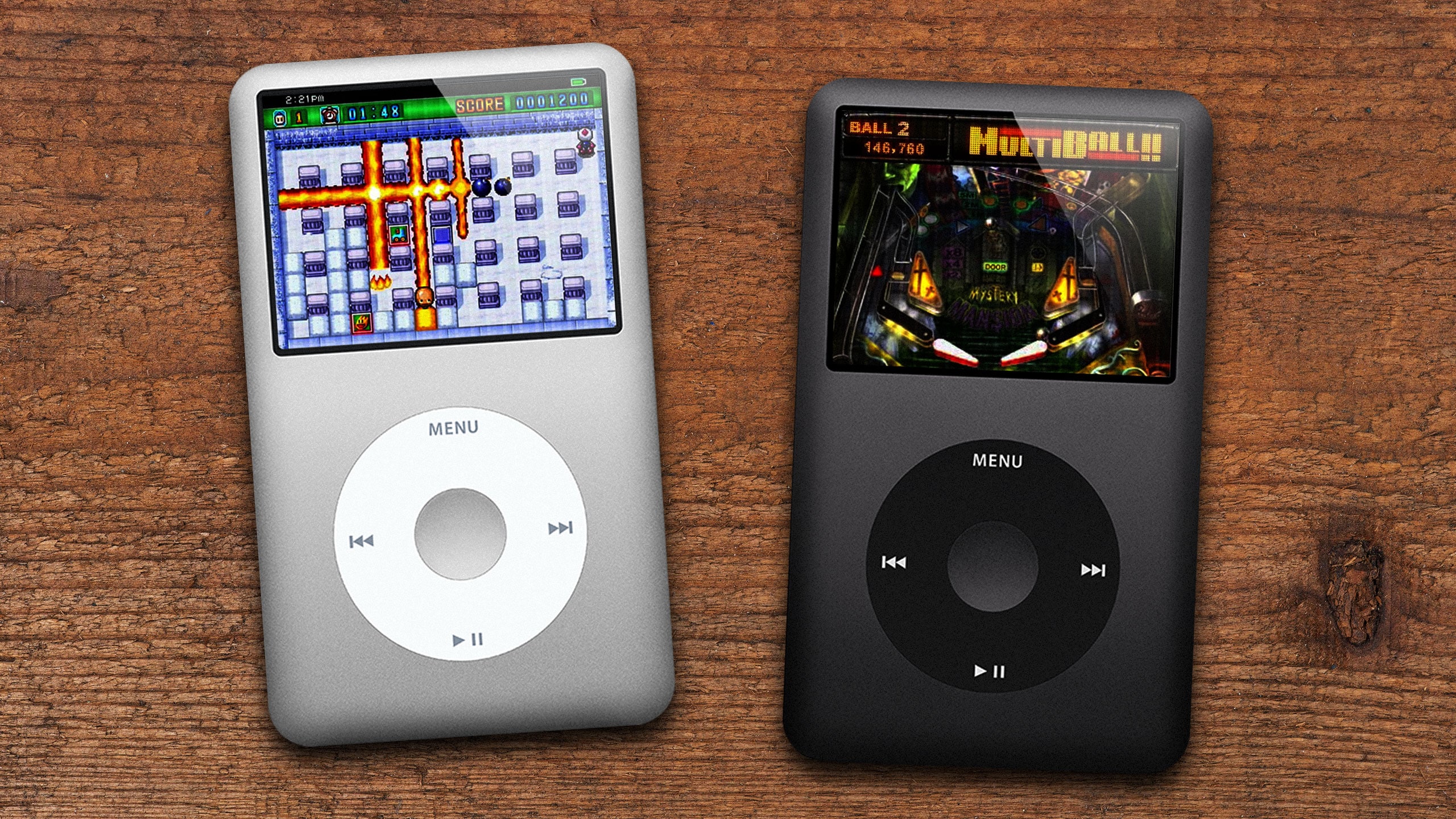 Two iPods with click-wheels displaying classic games on their screens.