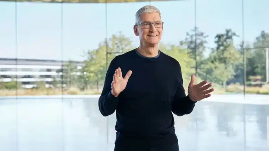 Tim Cook speaking during an Apple event.