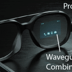 AR glasses with labeled components: projector and waveguide/combiner.