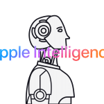 Illustration of a robot with the text 'Apple Intelligence' in gradient colours.