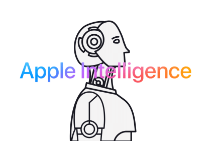 Illustration of a robot with the text 'Apple Intelligence' in gradient colours.