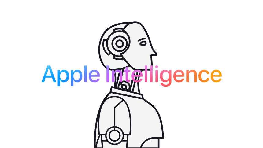 Illustration of a robot with the text 'Apple Intelligence' in gradient colours.