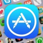 App Store logo with app icons in the background.