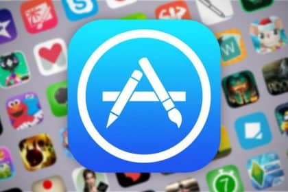 App Store logo with app icons in the background.