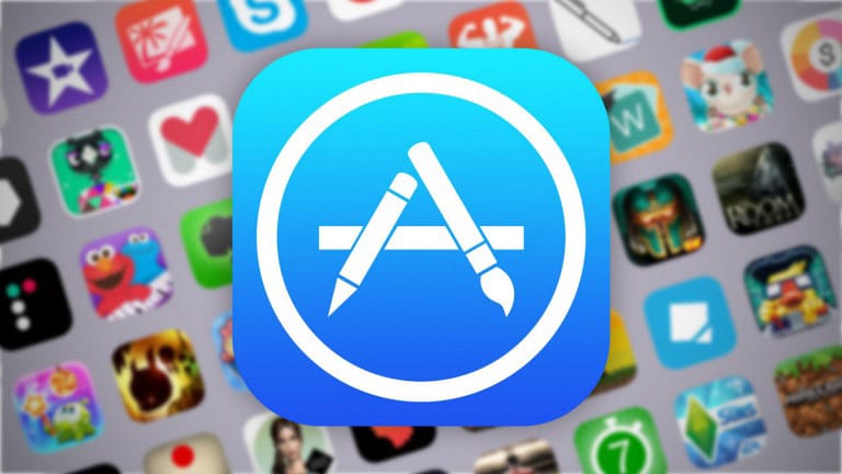 App Store logo with app icons in the background.