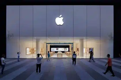 Apple flagship store with a glass facade.