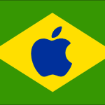 Brazilian flag with a blue Apple logo in the center.