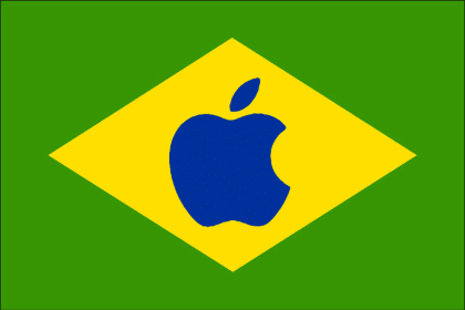 Brazilian flag with a blue Apple logo in the center.