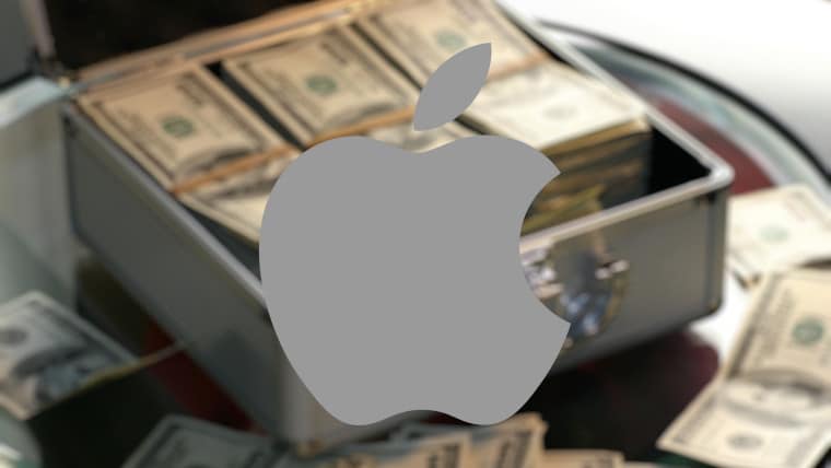 Apple logo over a pile of cash in a briefcase.