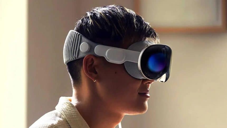 A person wearing Apple Vision Pro headset.