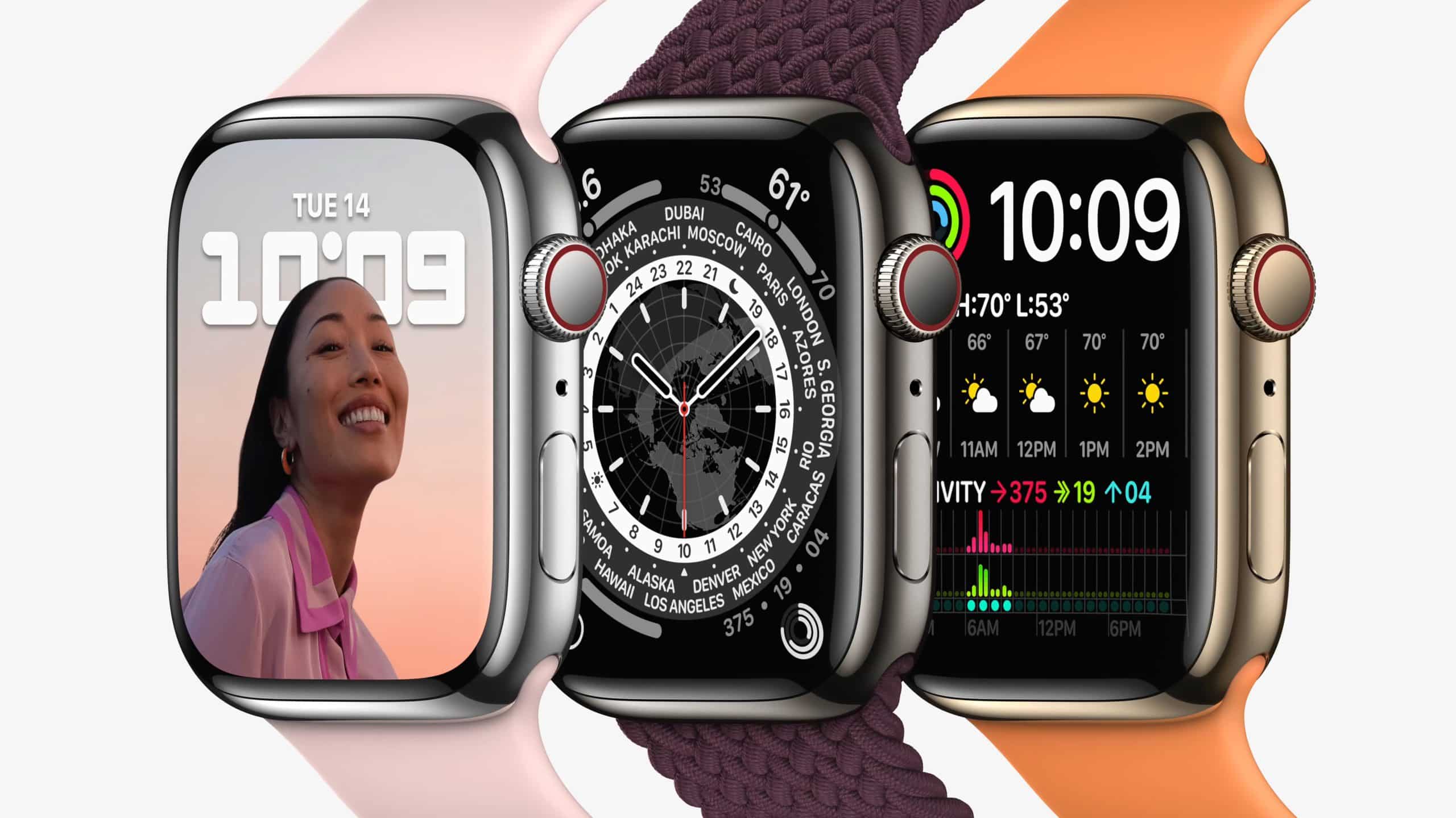 Three Apple Watches displaying different watch faces and features.