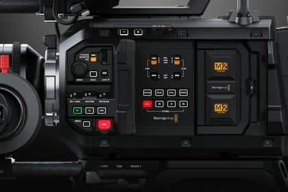 Side view of the Blackmagic URSA Cine Immersive Camera.