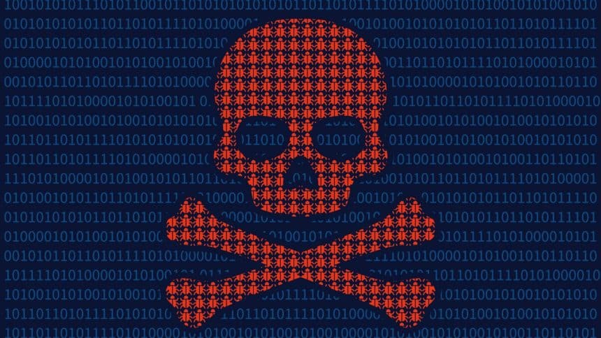 Red skull on binary code background.