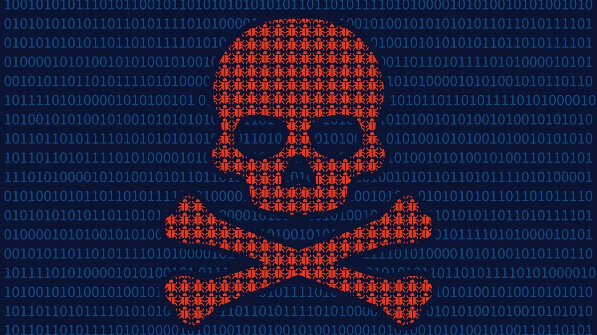 Red skull on binary code background.